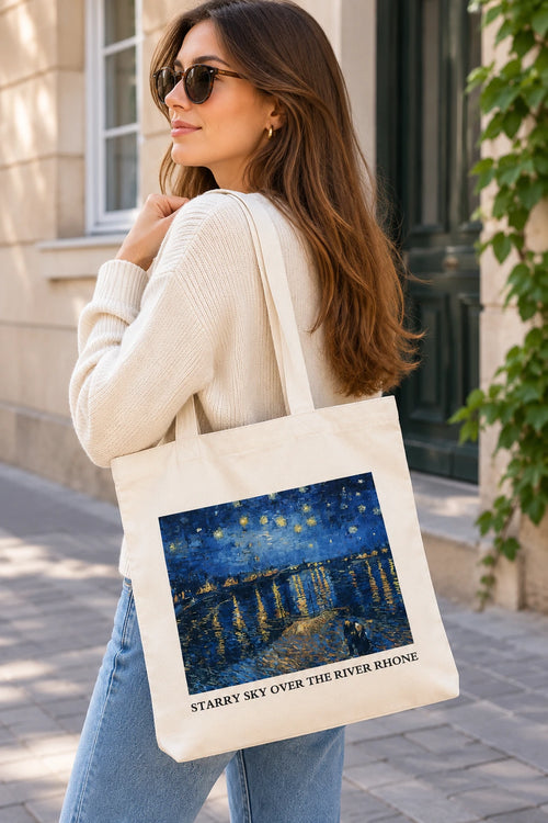 geanta tote din panza canvas starry sky over the river rhone