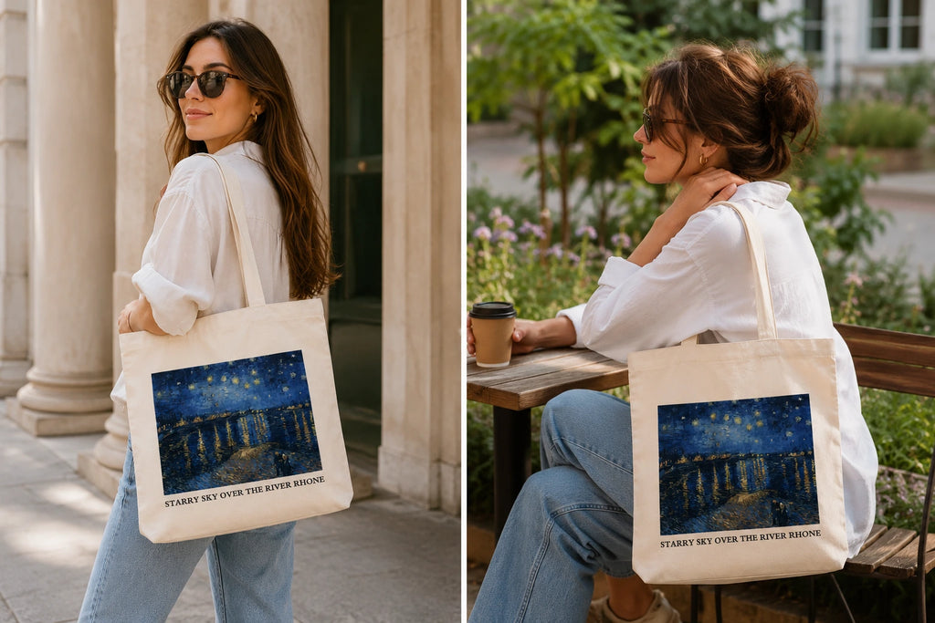 geanta tote din panza canvas starry sky over the river rhone 3